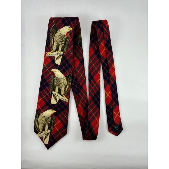 Harken Vintage Silk Tie Plaid Red Black Yellow Eagles EAE Hand Printed Italy - Picture 2 of 13